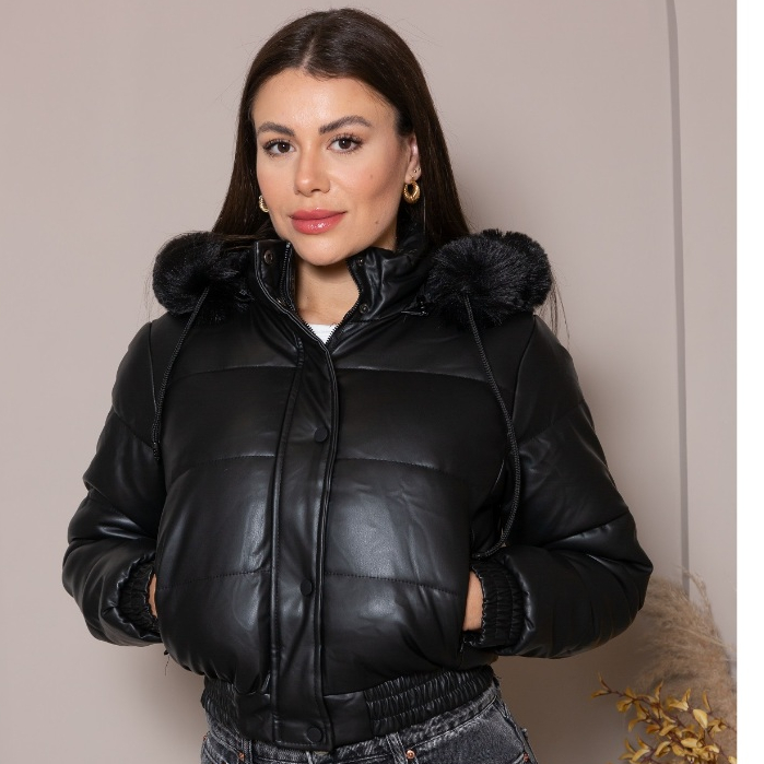 Jaqueta Puffer Cropped Feminina Couro Fake Grossa 