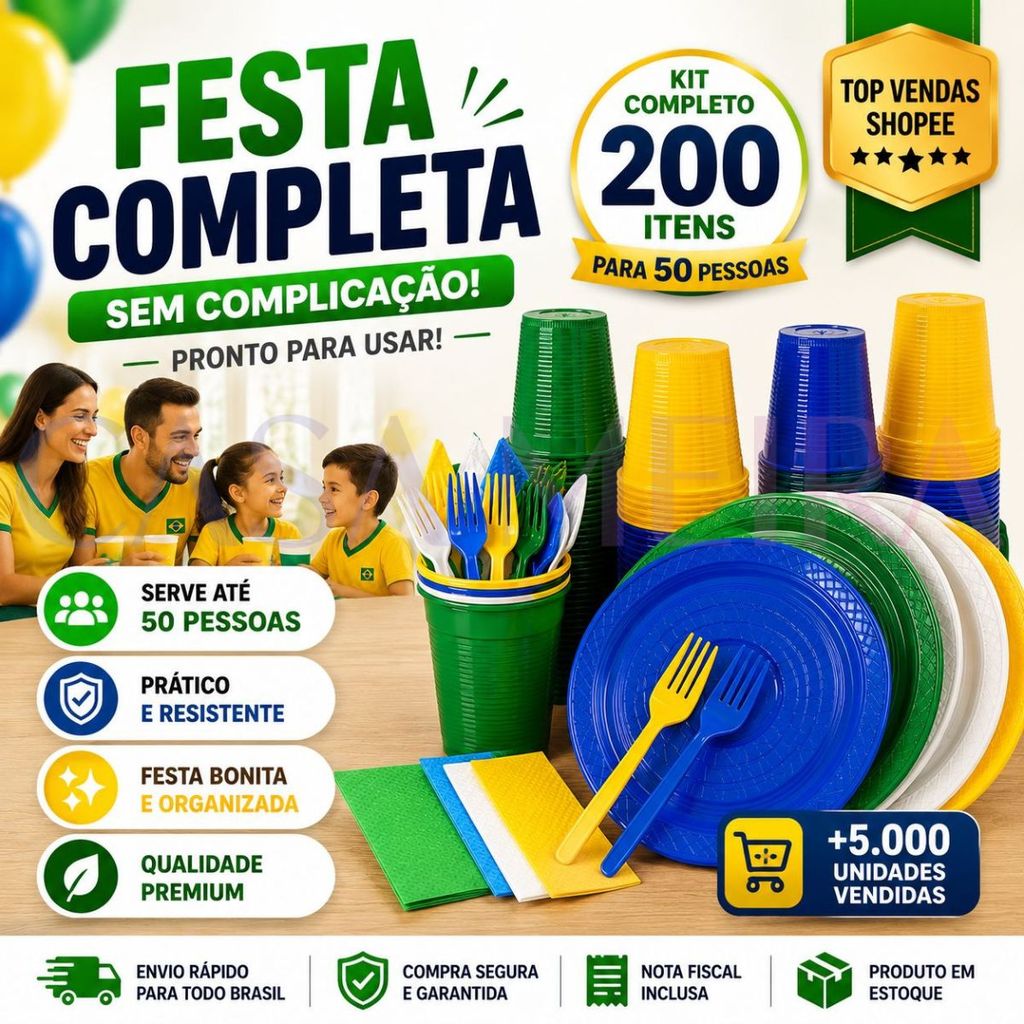 Kit 200 Itens Festa Aniversário Copa Brasil Compl