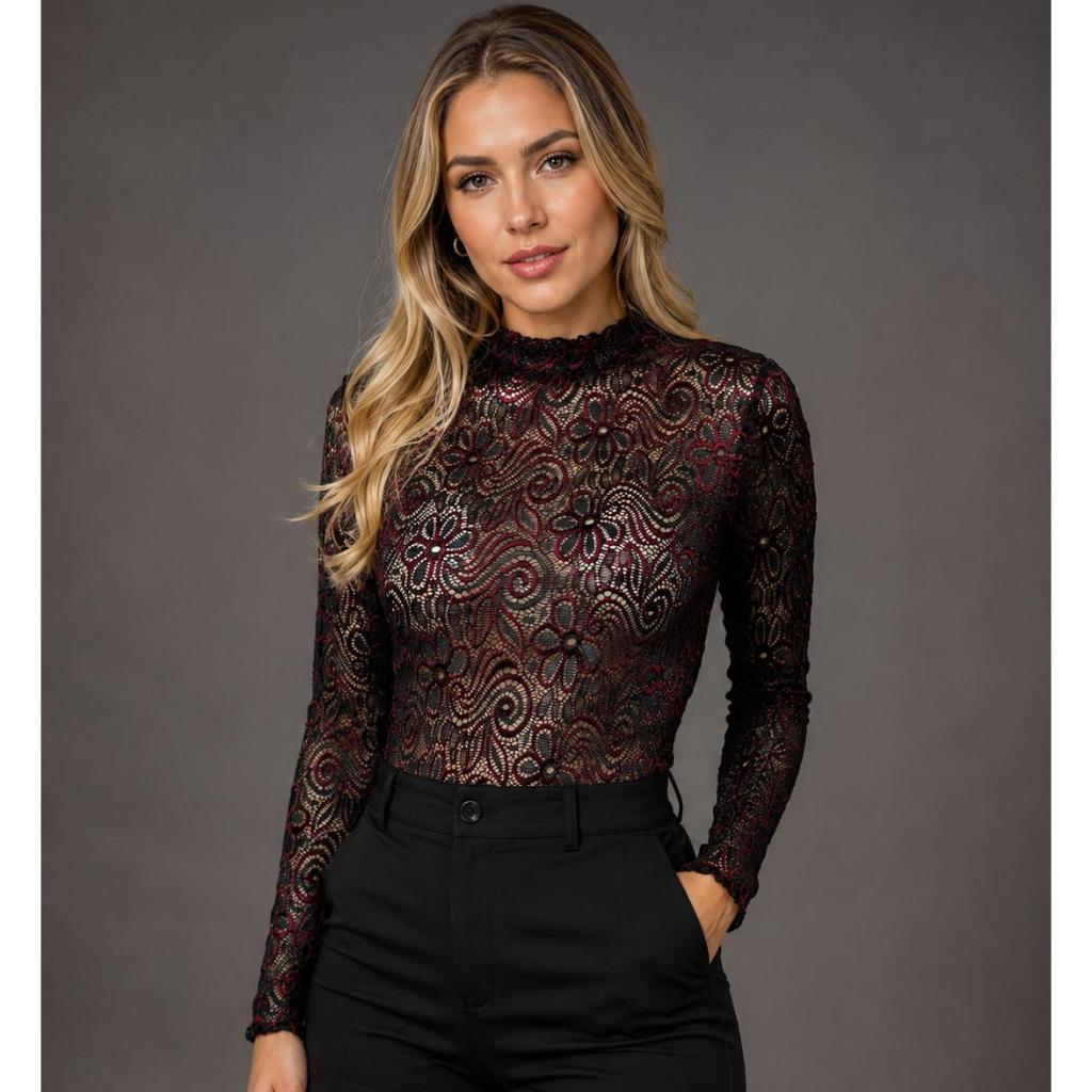 Body Feminino Manga Longa De Renda Floral Feminino