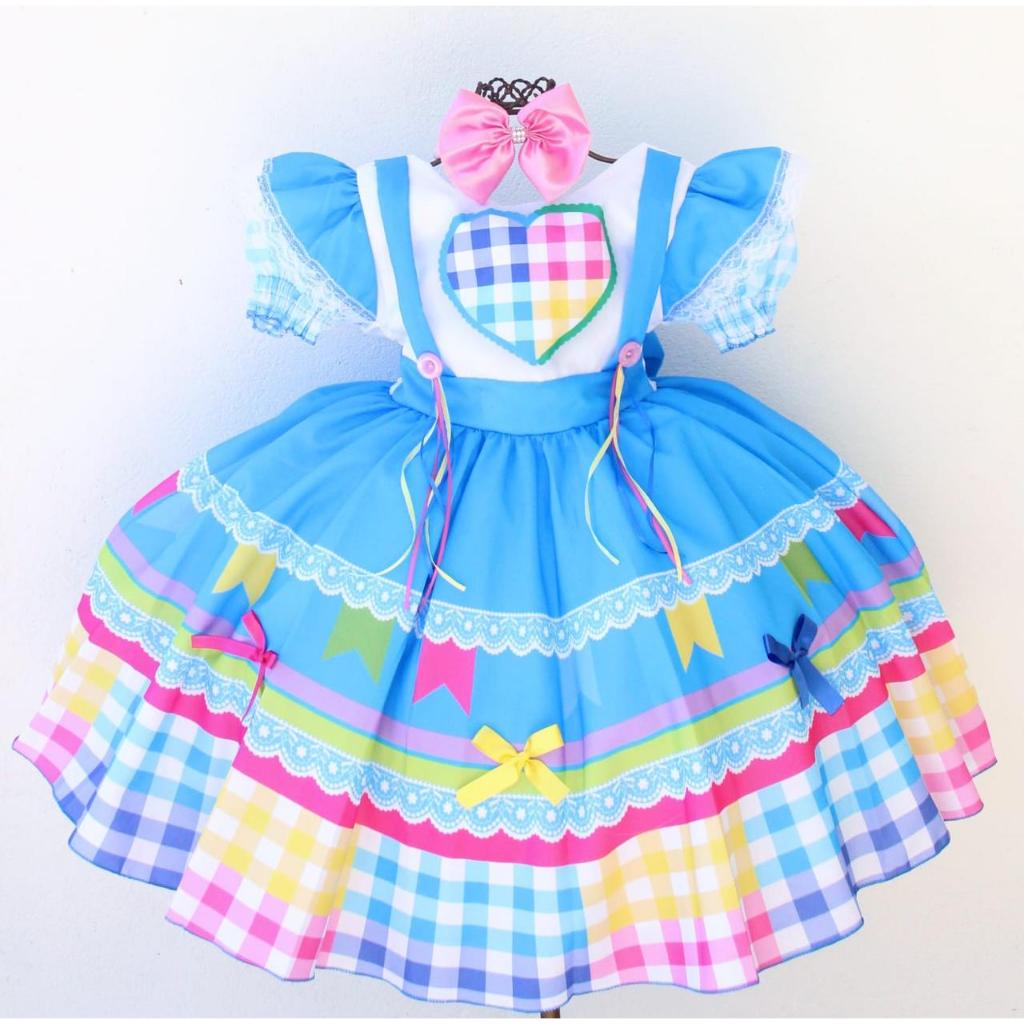 Vestido Festa Junina Infantil Coração Xadrez Azu