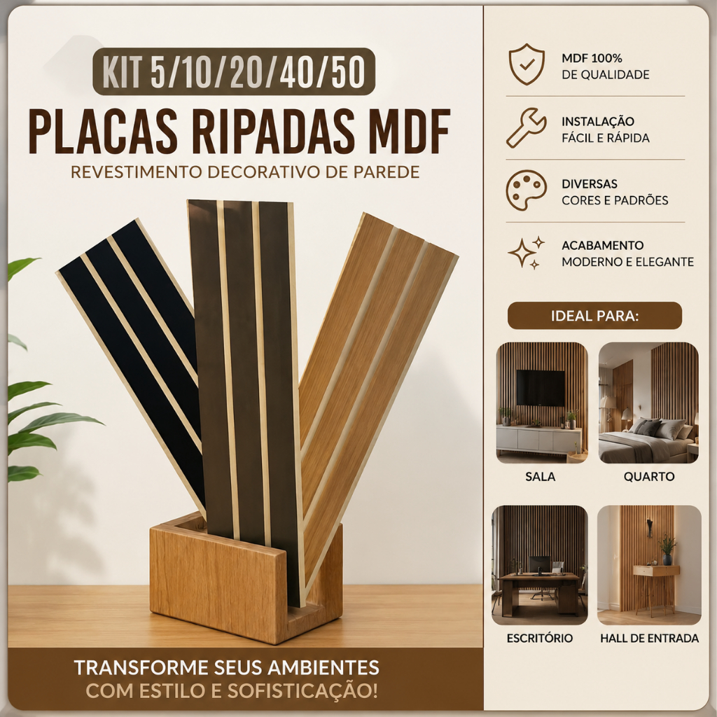 Kit de até 5, 10, 20, 40 OU 50 Placas Ripadas MDF
