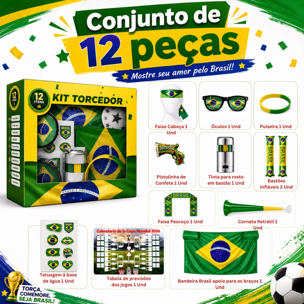 Kit Torcedor Copa do Mundo 2026 Brasil 12 Itens To