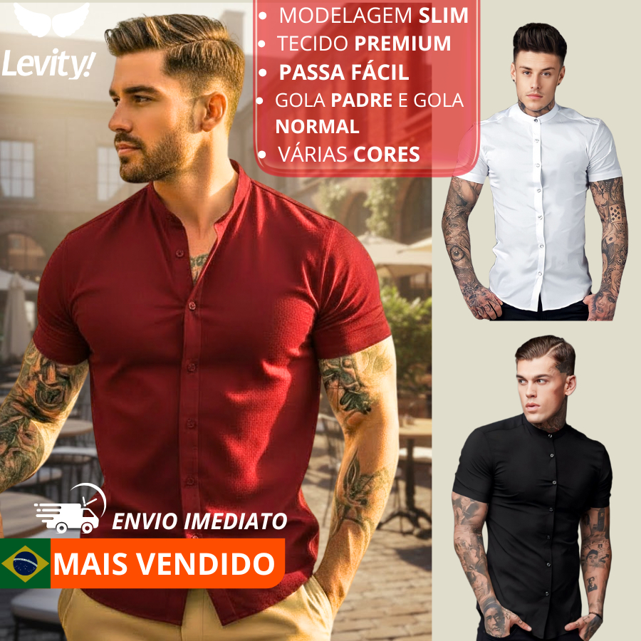 Camisa Social Masculina Gola Padre Manga Curta Sli