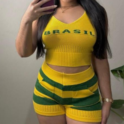 Conjunto Cropped  + Short Brasil Feminino Tricot M