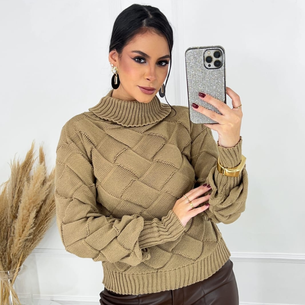 Blusa Tricô Trançada Feminina Gola Alta Manga Lo