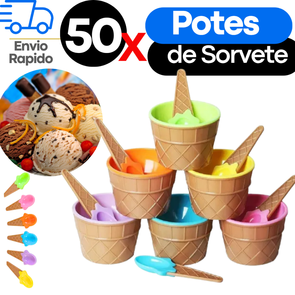 Kit 50 Copos Coloridos de Sorvete com Colher  Tige