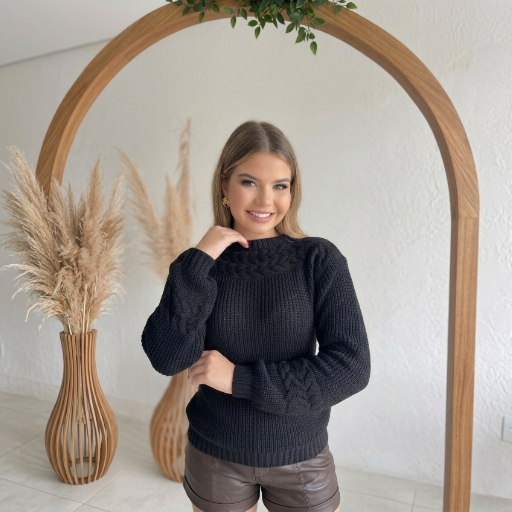 Blusa Feminina Tricot Gola Alta Manga Longa Balão