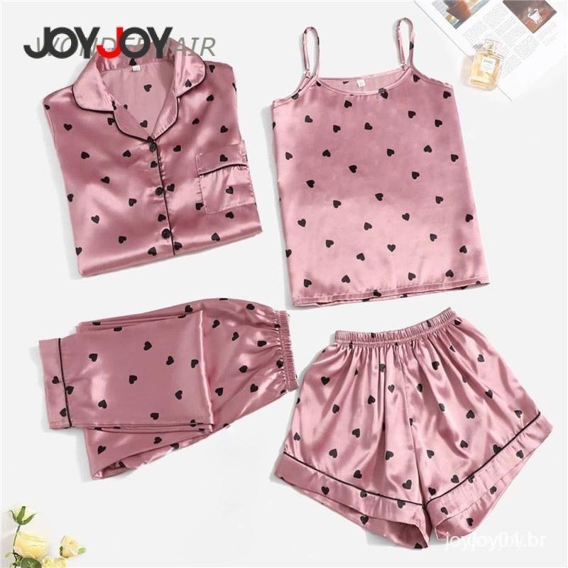 Conjunto de Pijamas de Seda 4 Peças Feminino Sexy