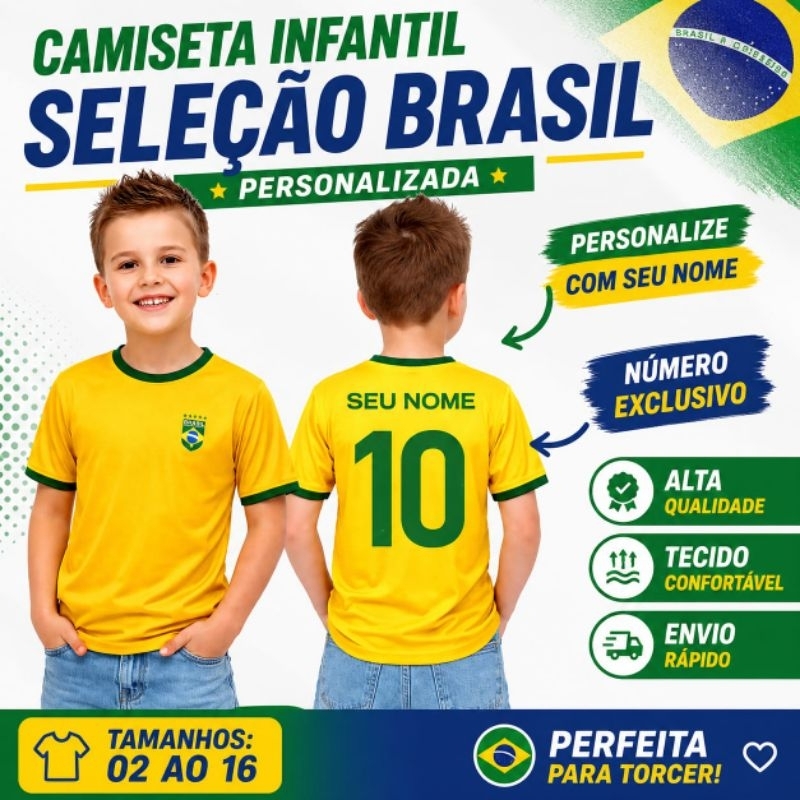 Camiseta Infantil do Brasil Copa do mundo com seu 