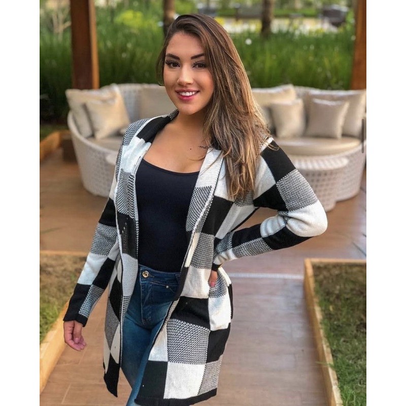 Kimono Trico Feminino Blusa Cardigan Xadrez  Manga