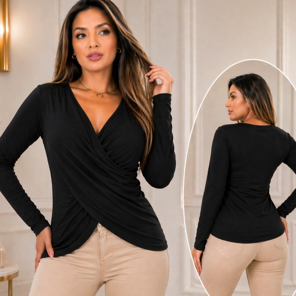 Blusa Transpassada Feminina Manga Longa Decote V C