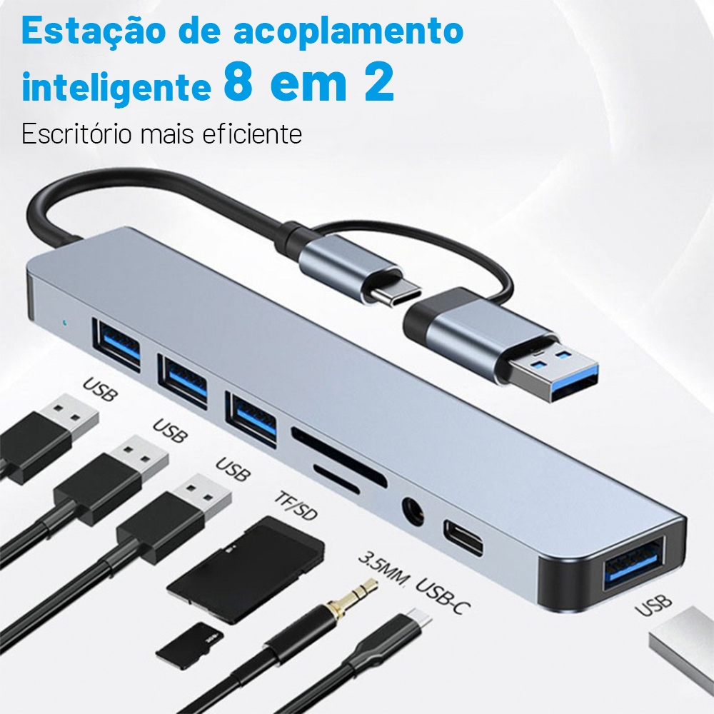 Porta Hub USB 8 Em 2 Leitor Cartão SD Type C Para