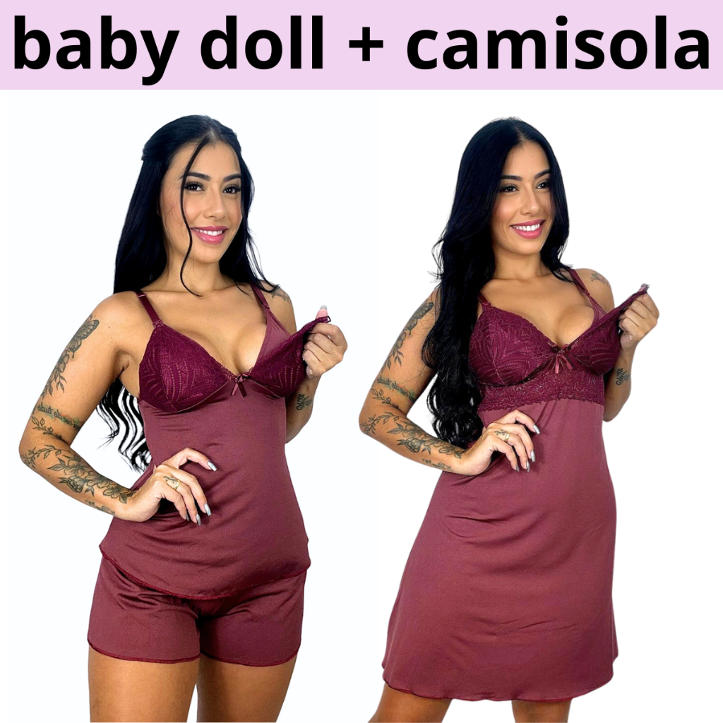 Kit Baby Doll + Camisola Amamentação Pós Parto 