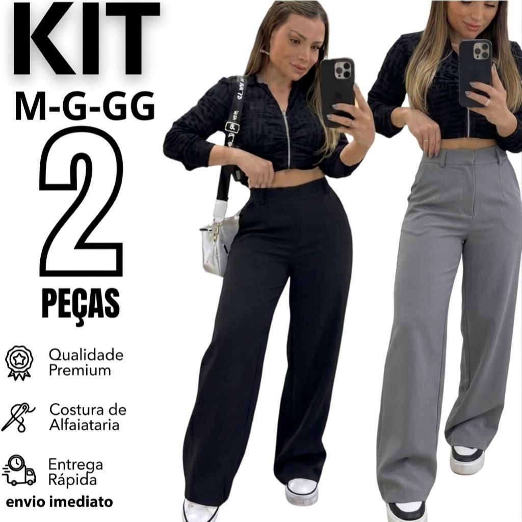 Kit 2 Calças Pantalona Alfaiataria Cintura Alta C