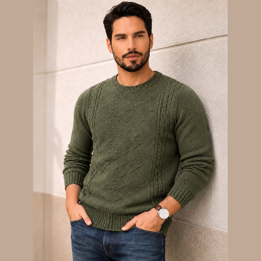 Blusa Masculina Suéter Tricot Gola Redonda Relevo