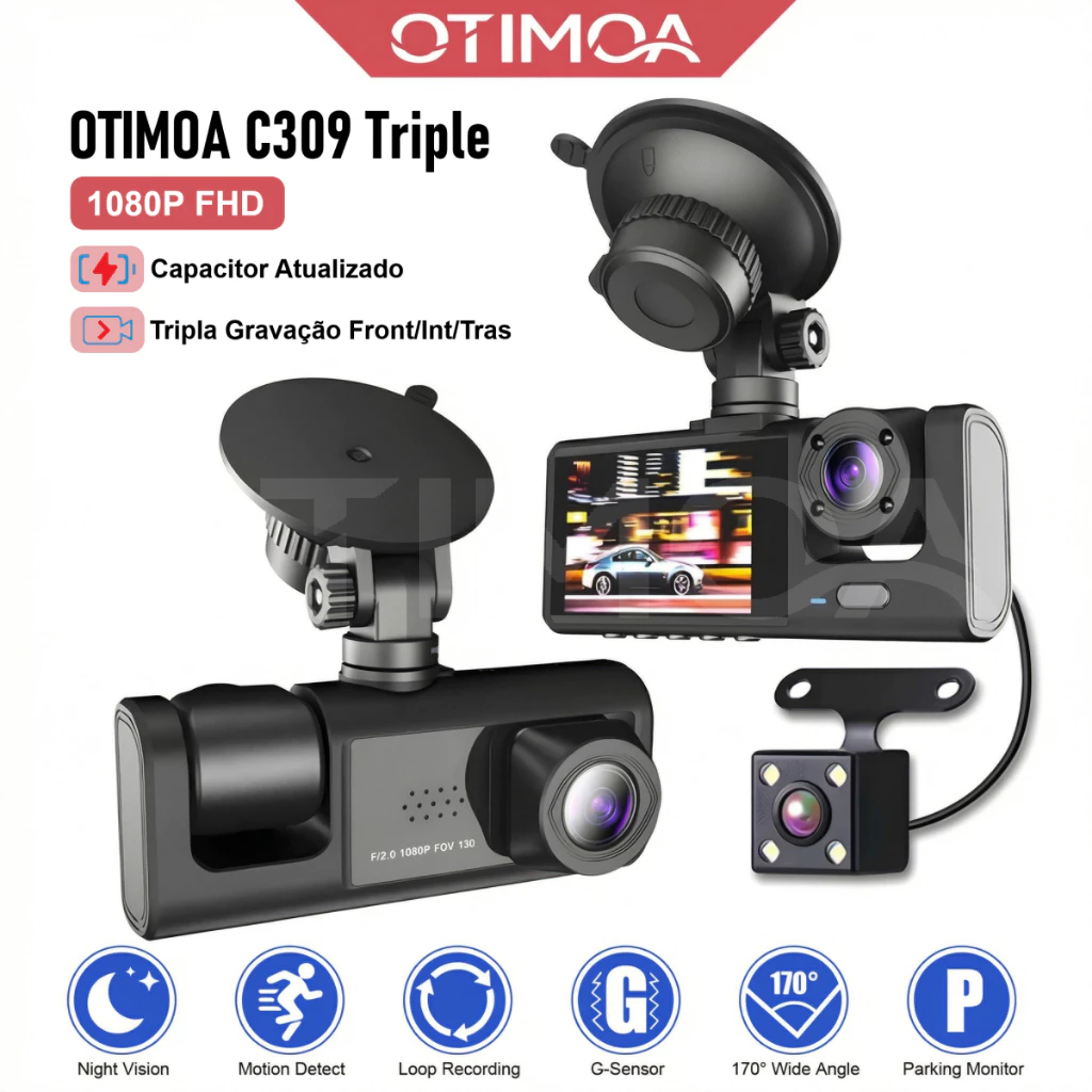 OTIMOA Câmera Dashcam Veiculare 3 Lentes HD 1080p