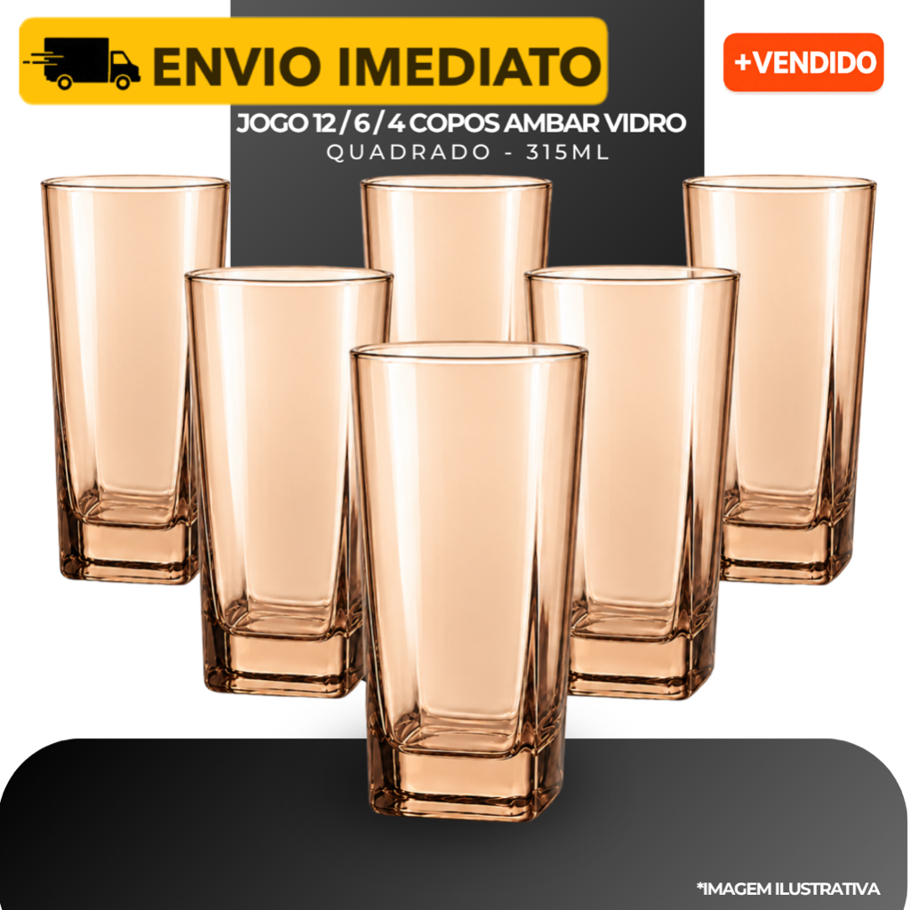 Jogo 12/6/4 Copos Vidro Quadrado Âmbar Metalizado
