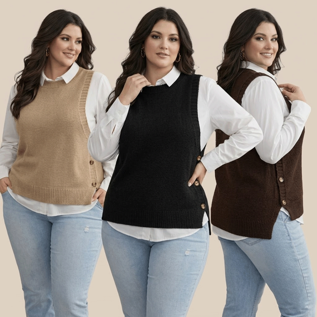 Colete Tricot Feminino Plus Size Detalhes em Botã