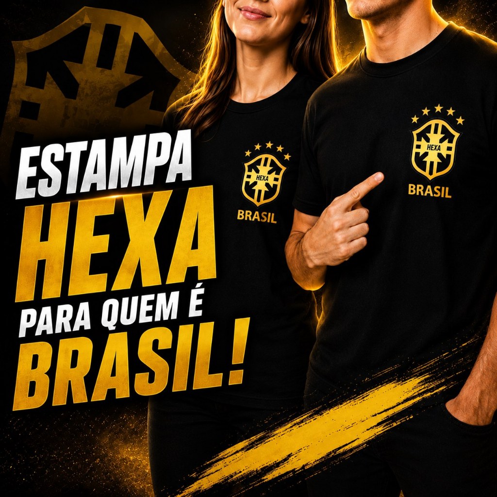 Kit Casal Camisetas Hexa Brasil Preta Estampa Dour