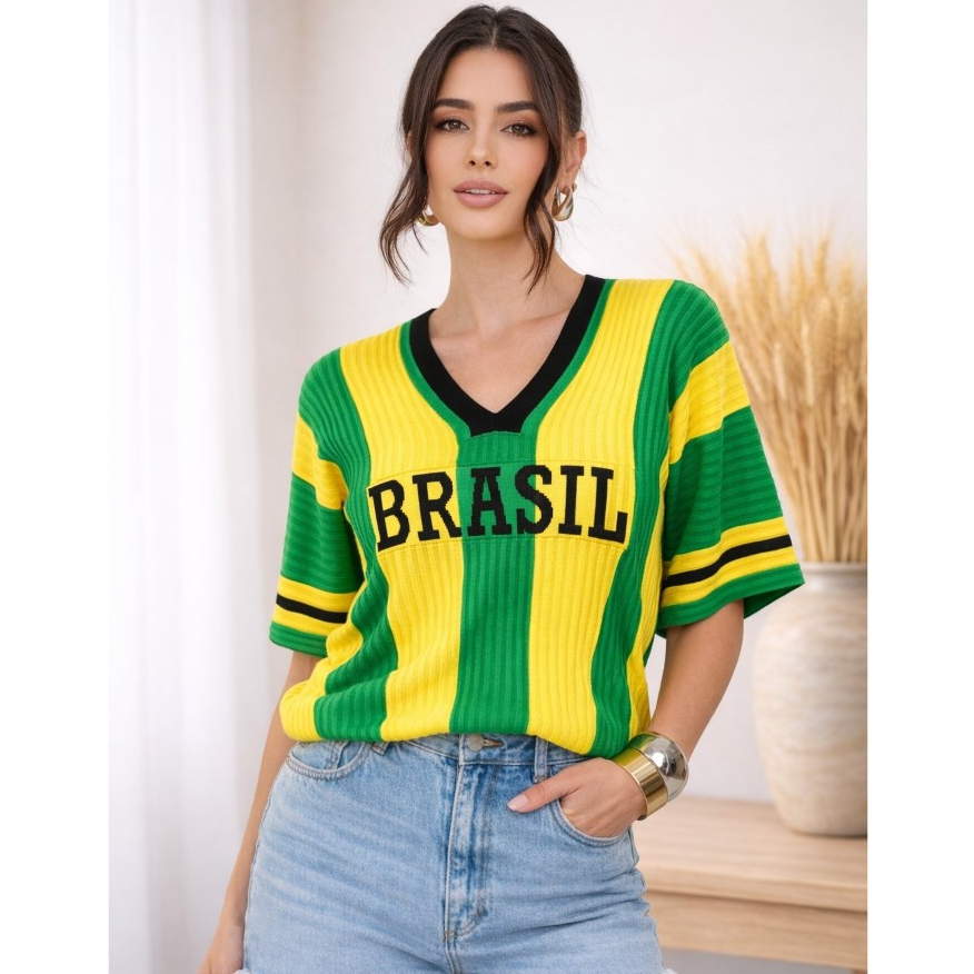 Blusa Feminina Brasil Súeter Seleção Tricot Mod