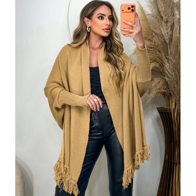 Poncho Capa Casual Tricot Feminino Franjas Manga L