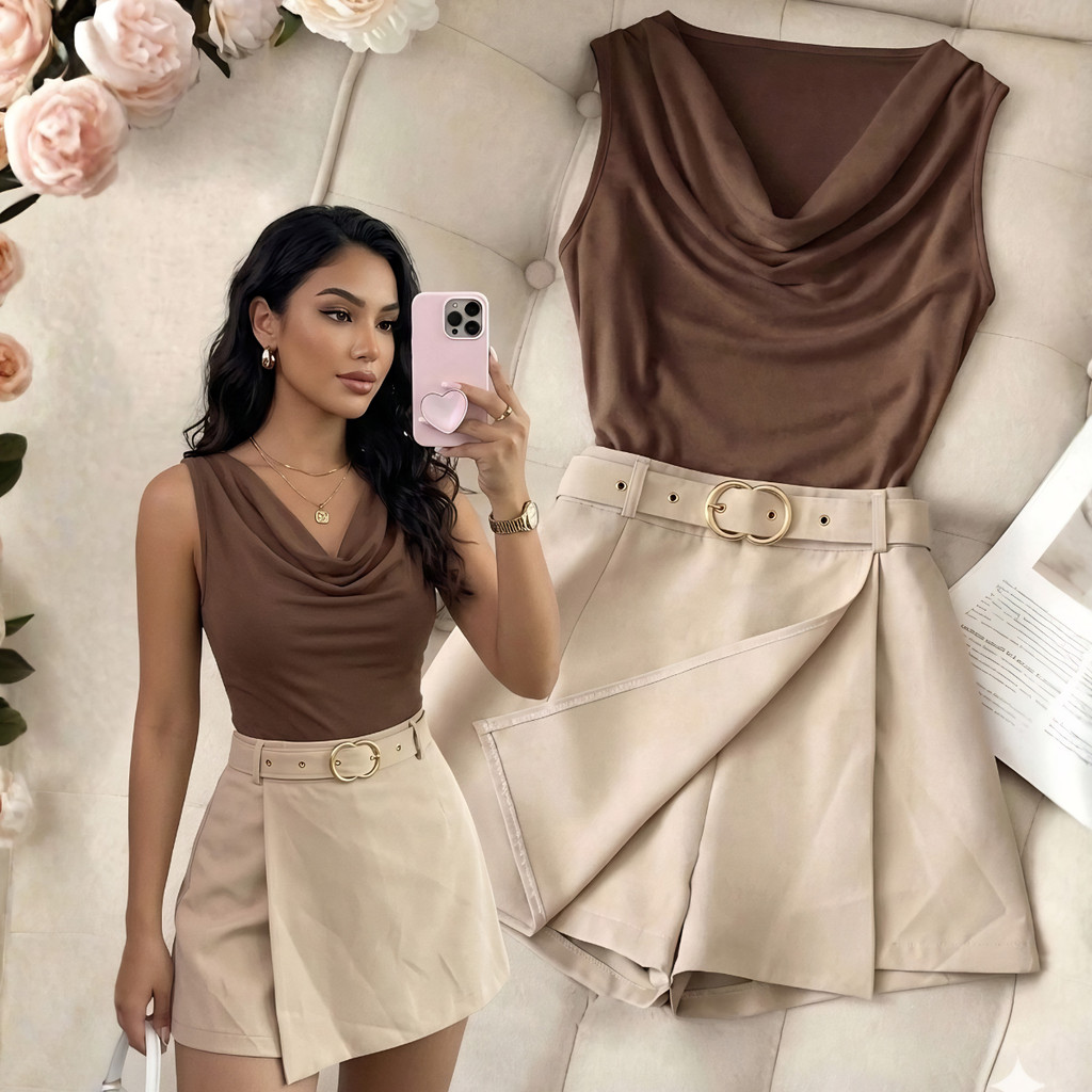 Conjunto Alfaiataria Short Saia com Cinto + Blusa 