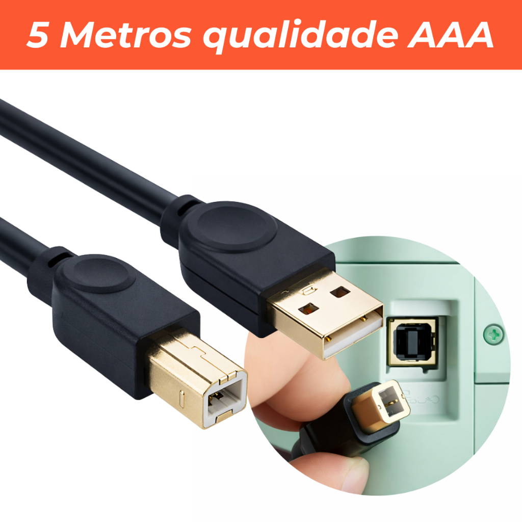 Cabo USB Tipo B com 5 metros para Impressora Scann