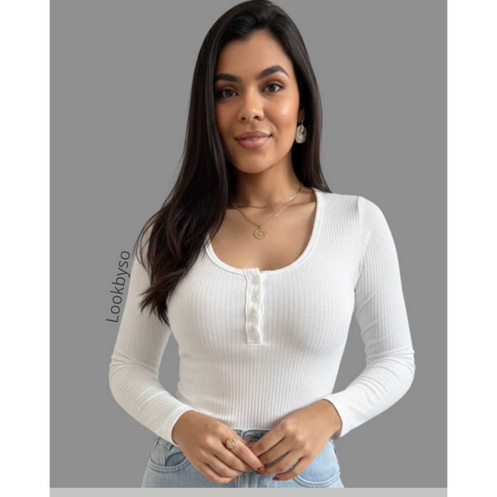 Blusa Feminina Canelada Manga Longa Com Botões Fu
