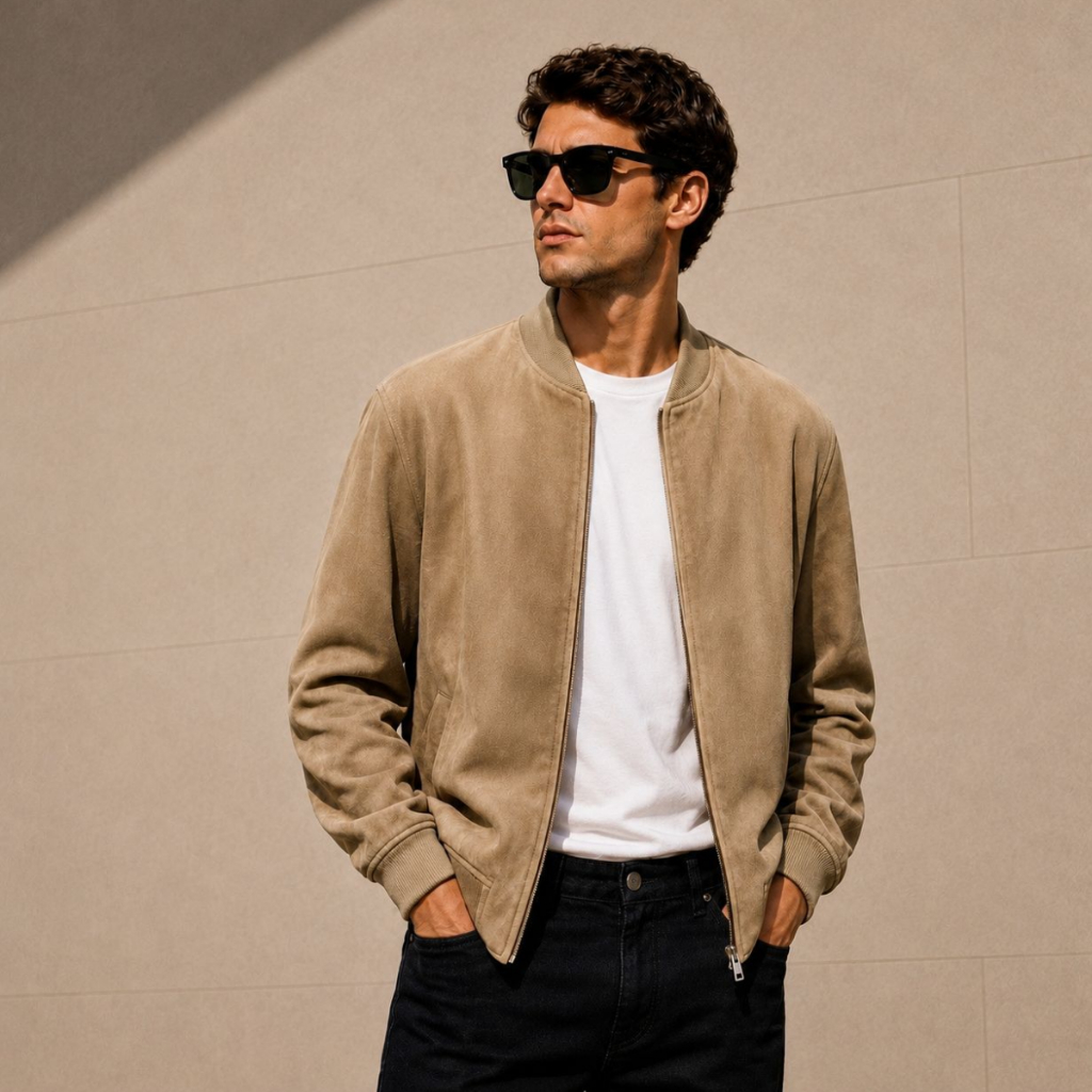 Jaqueta Suede Bomber Masculina Com Bolso e  Ziper 