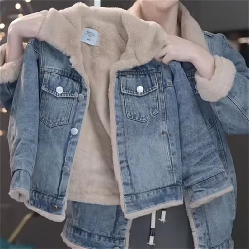 Meninas Jaqueta Jeans Grossa Inverno Quente Acolch