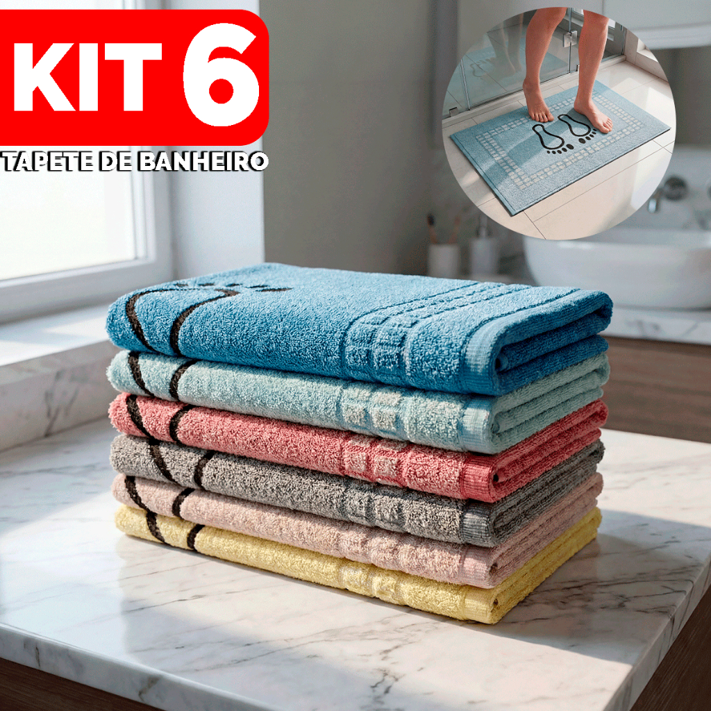Kit 6 Tapete De Banheiro 45x70cm Pezinho Piso Luxo