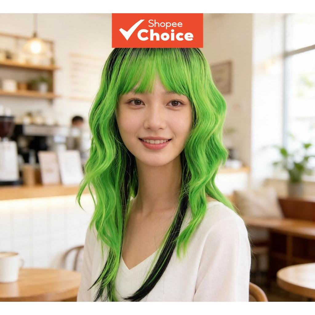 Ombre Preto Verde Ondulado Peruca Sintética Longa