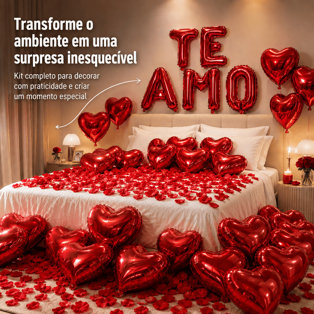 Kit Decoração Romântica 50 Balões Coração 40
