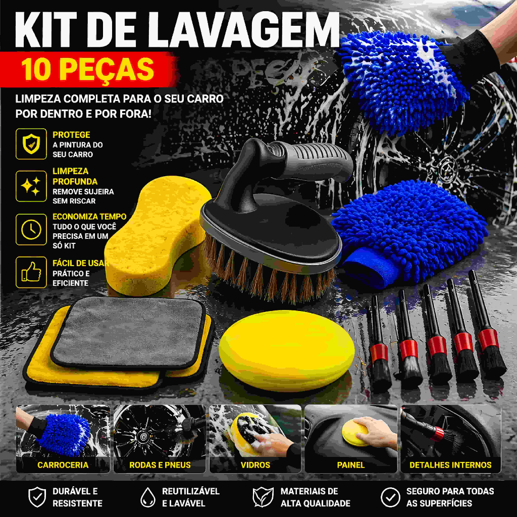 Kit 10 Peças Lavagem Automotiva Esponja + Escova 