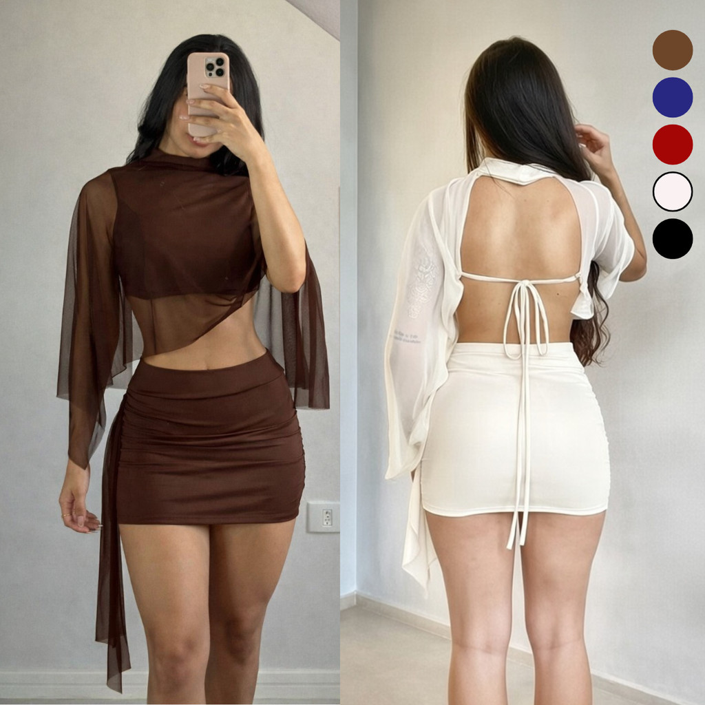 Conjunto Feminino Top E Saia Com Tule Manga Longa 