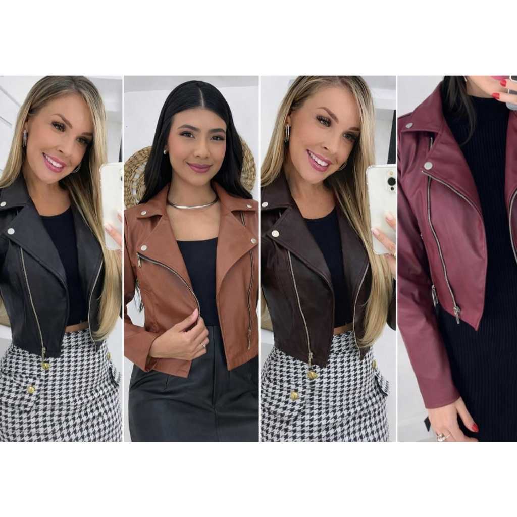Jaqueta Feminina Couro Fake com Zíper e Botões  