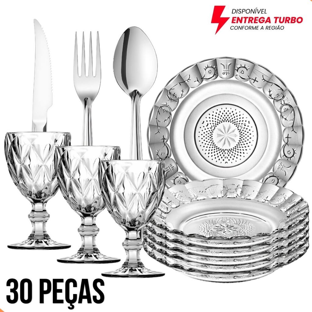 Jogo Mesa Posta 30 Peças 6 Pratos  + 6 Taças 340