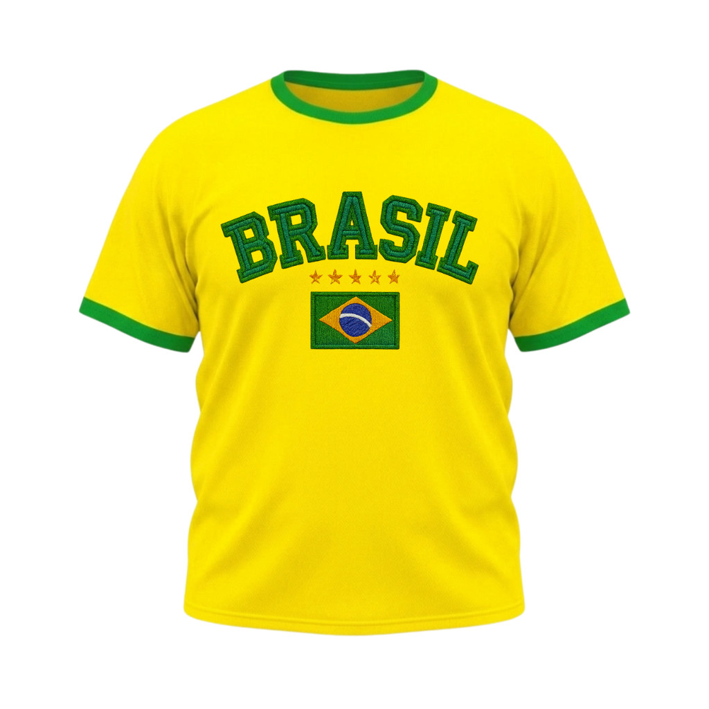 Camiseta Plus Size Manga Curta Brasil Estilo Borda