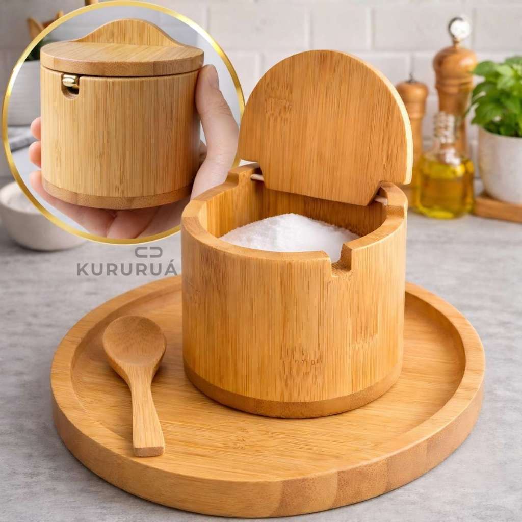 Saleiro de Bambu Premium com Colher, Bandeja | Por