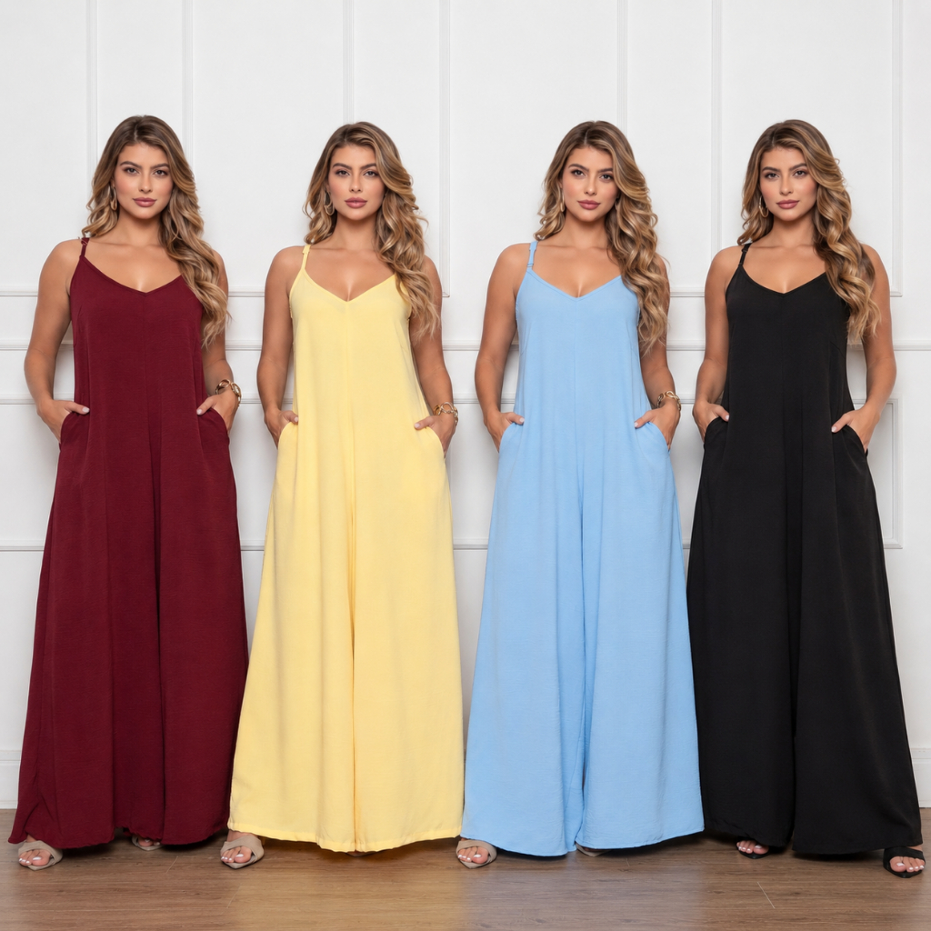 Macacão Pantalona Feminino Longo Plus Size com Bo