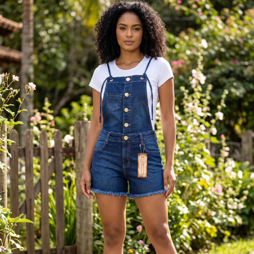 Macaquinho Feminino Jardineira Jeans Estilosa Prom