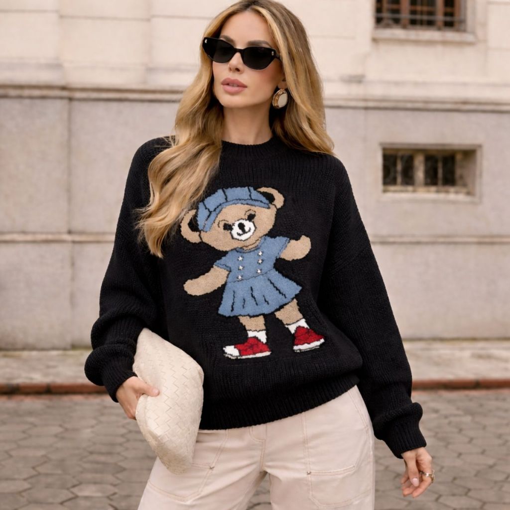 Blusa Tricot Ursinho Bear Gola Redonda Fio Mousse 
