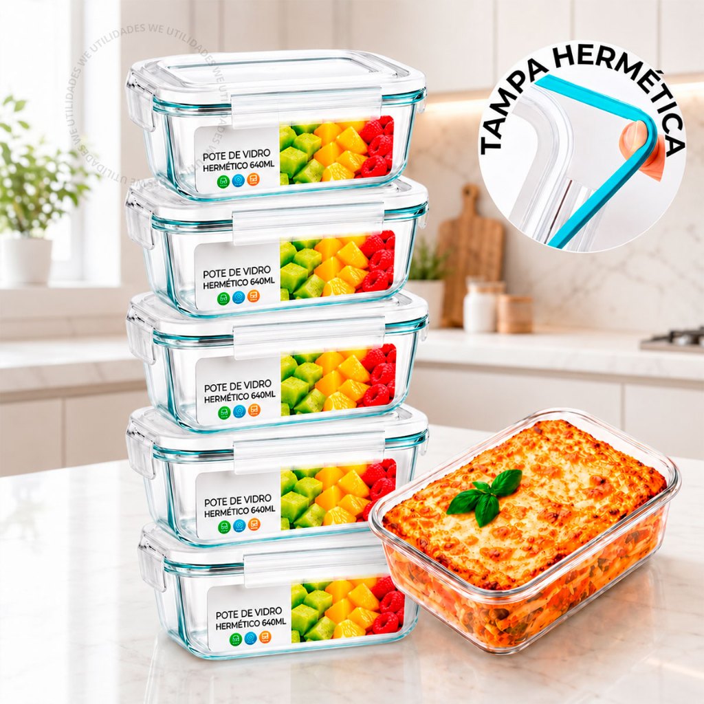 Conjunto 5 Potes Vidro Hermético 640ml Mantimento