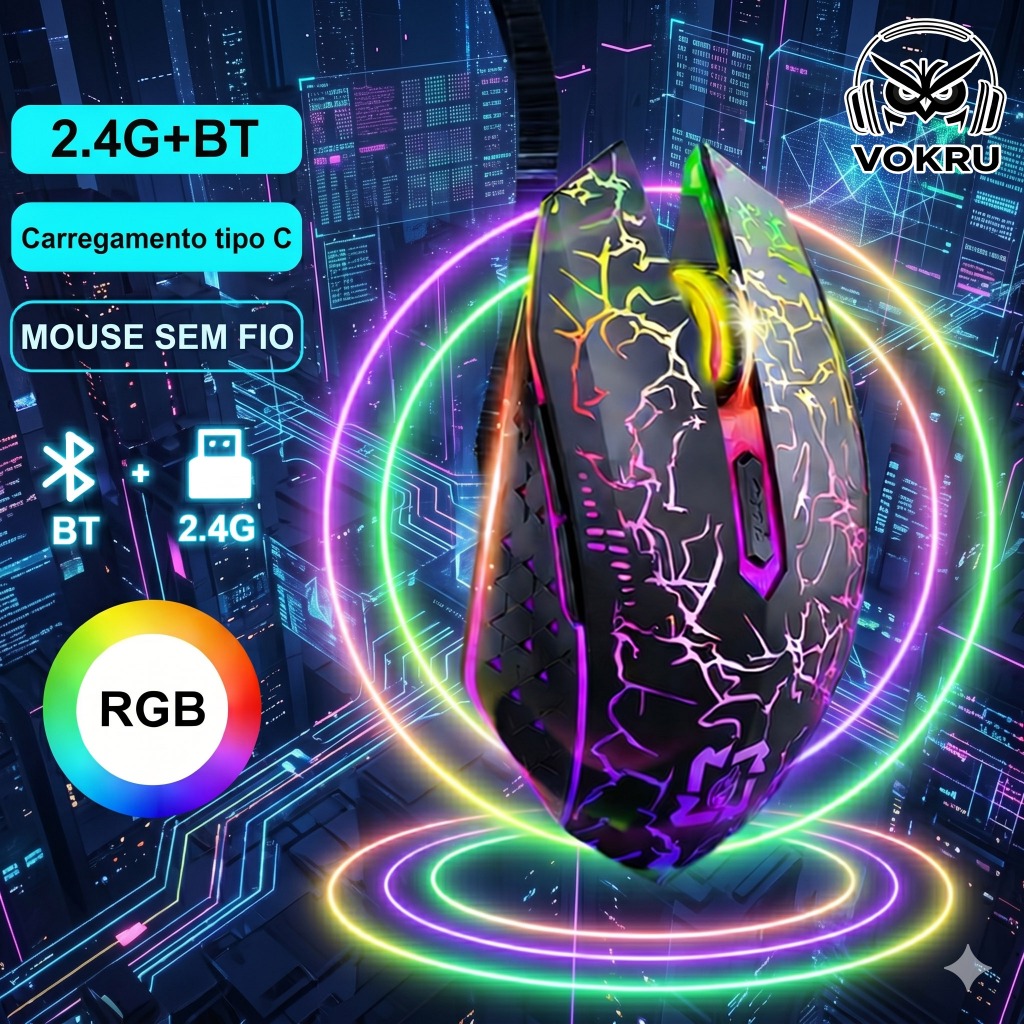 Bluetooth Mouse Sem Fio Luz De Fundo LED I RGB 2.4