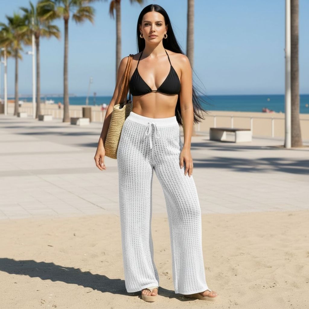 Calça Tricô Saída De Praia Feminina Pantalona C