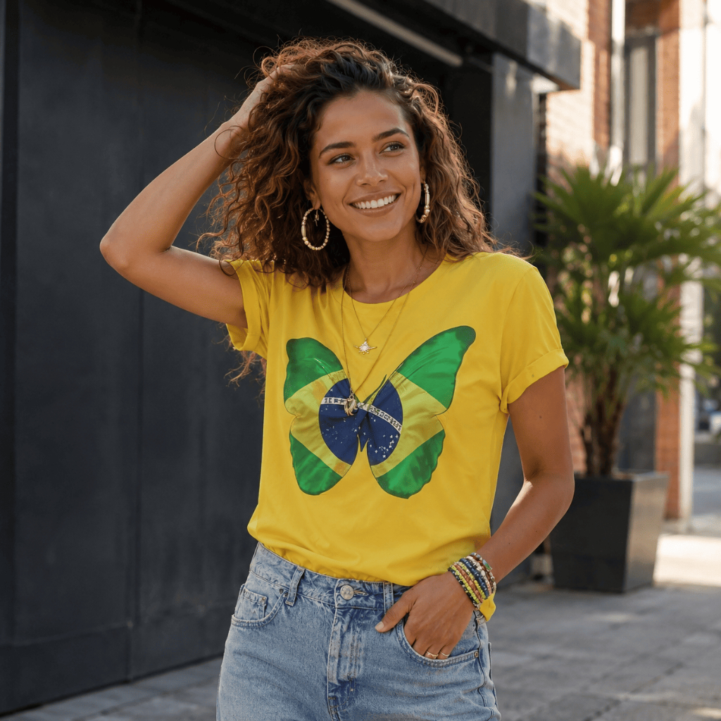 Camiseta Feminina Brasil Copa do Mundo Borboleta P