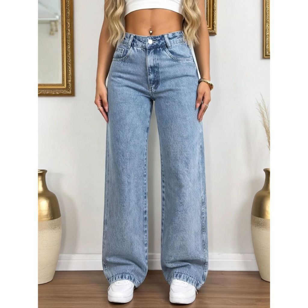 Calça Wid Leg MARMORIZADA Jeans Feminino Sem lycr