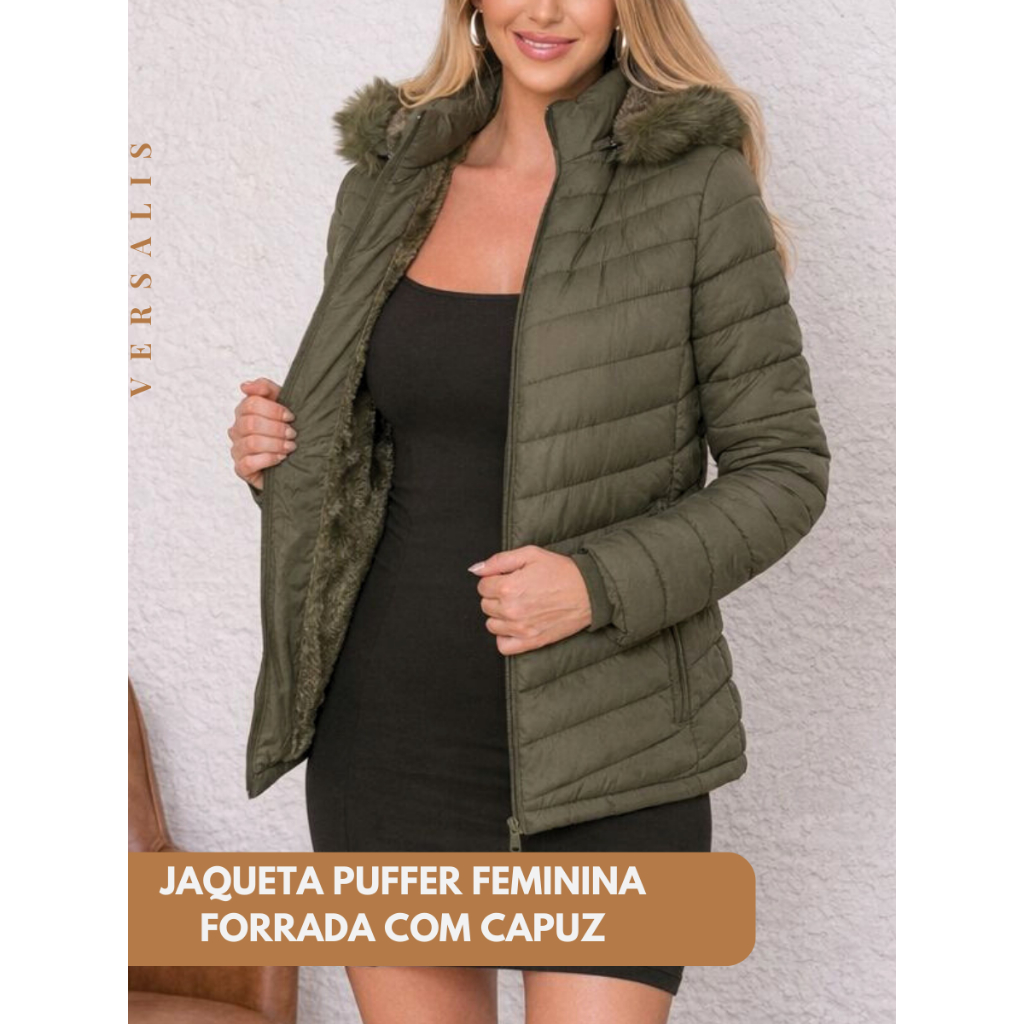 Jaqueta Puffer Gominho Feminina Peluciada com Capu