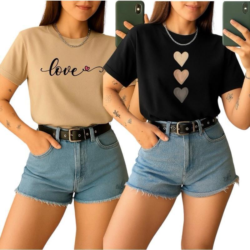 Kit 2 Camisetas Básicas Feminina Love Coração 1