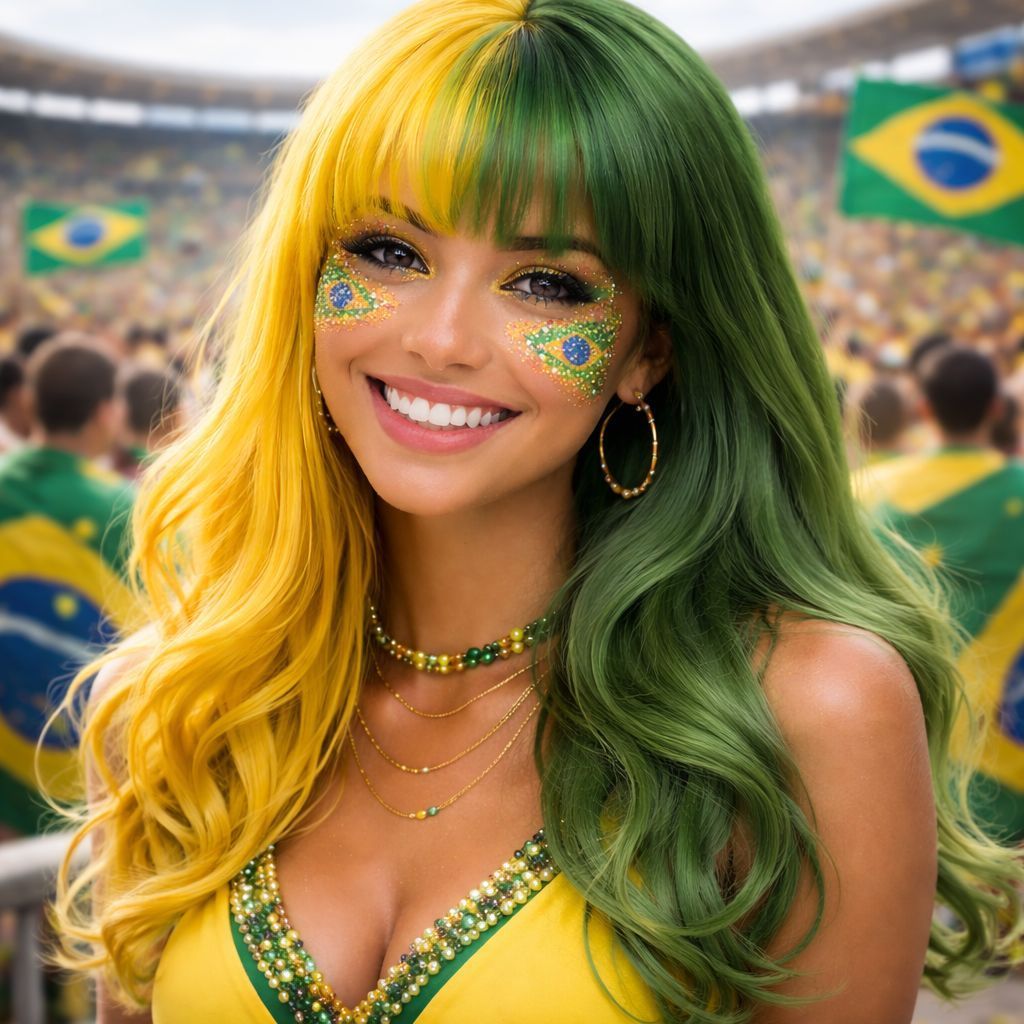 Peruca Brasil Verde e Amarela Longa Torcida Copa D